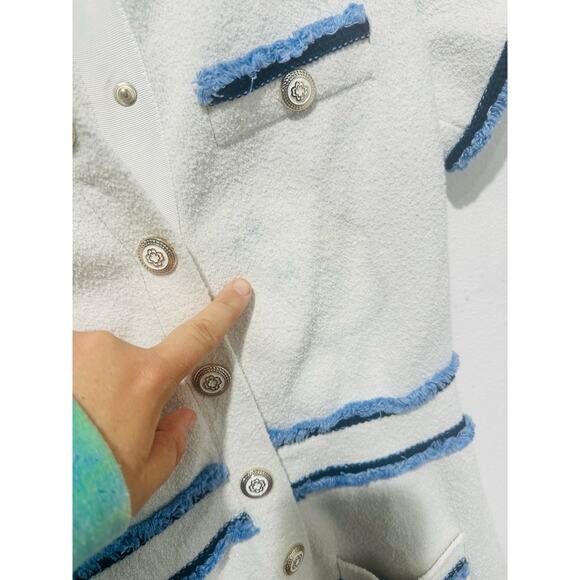 MAJE White Blue Tweed Gold Button Details Collared Risal Mini Dress Size 34 - Picture 9 of 15